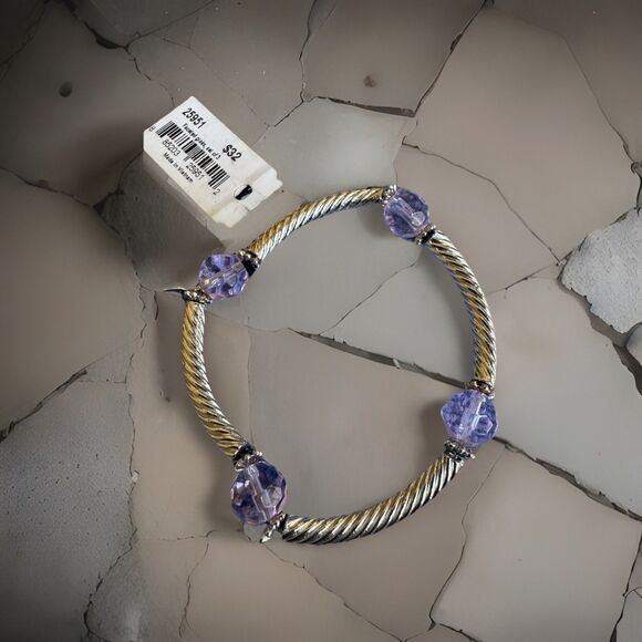 Cookie Lee Jewelry - Cookie Lee Faceted Glass Stretch Bracelet Twisted Cable Gold Silver Tone Lavendr